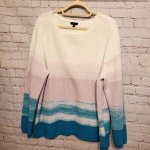 Talbots White Pink and Teal Ombre Crewneck Sweater